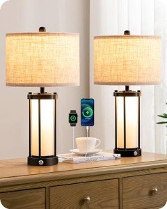 EDISHINE 22.44" Farmhouse Table Lamps with Night Light, 3 Way Dimmable Touch Control Bedside Lamp Set of 2, Rustic Nightstand Lamp for Living Room, Bedroom, A+C USB Ports, Frosted Glass Shade