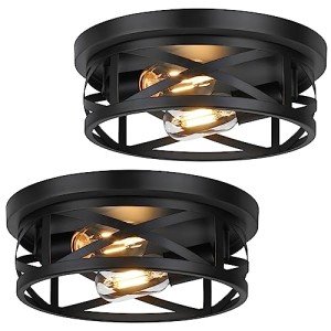 2-Light Flush Mount Ceiling Light Fixtures, 2-Pack Farmhouse Black Ceiling Lights, Industrial Metal Cage Light Fixtures Ceiling Mounted with Adjustable Head, Ceiling Lights for Bedroom Hallway Kitchen