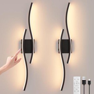 EIDEARAY Modern LED Wall Sconce set of Two, Battery Powered Wall Sconces set of 2 with Timer, Black Wall Light with Remote, LED Wall Lamp indoor not hardwired for Bathroom Living Room Bedroom Corridor