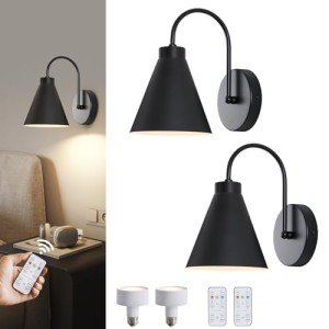 Powfloven Vintage Cordless Gooseneck Battery Operated Wall Sconces Set of 2, Black Bedside Battery Powered Wall Decor Lamps with Remote Control, Wireless Indoor LED Lights Fixture for Hallway Bedroom