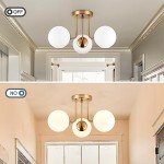 KoKo&Yukina 3-Light Semi Flush Mount Ceiling Light Globe Ceiling Light Mid Century Ceiling Light with Opal Milk Glass Globe & Brushed Brass for Bedroom Hallway Entryway Kitchen Living Room-Bulb Incl