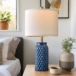 USumkky 20.5 inches Modern Ceramic Dark Blue Bedside Lamp Set of 2 for Bedroom Decor Farmhouse Table Lamp for Living Room Office Dorm
