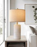 PoKat 23'' Bedside Table Lamp for Bedroom Nightstand - Ceramic Lamp for Living Room, White Night Stand Light Lamp with Round Linen Shade, Modern Bedroom Lamp Beige