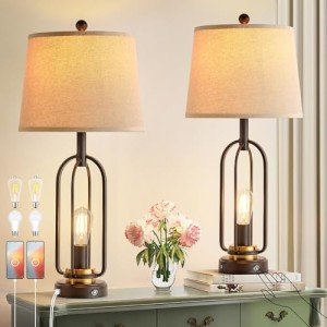 SRJJRS Farmhouse Table Lamps for Living Room Set of 2, 28.5" Tall Rustic Table Lamps with USB Ports, 3-Way Dimmable Vintage Bedside Lamps for Bedroom Nightstand, Bulbs Included