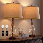 OYEARS 23" USB A+C Table Lamp Sets of 2 Modern Bedside Lamps Retro Farmhouse Rattan Glass Nightstand Nightlight Lamps for Bedroom Living Room Dorm,Two Light Points