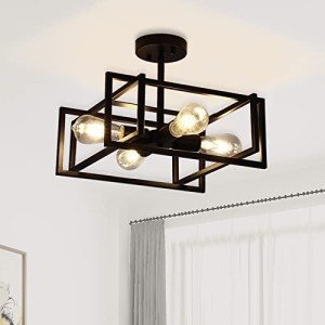 Minyuco Black Ceiling Light Fixtures - 4-Light Industrial Farmhouse Flush Mount Ceiling Lighting,Vintage Metal Chandelier Ceiling Lamp for Kitchen Living Room Bedroom Hallway Laundry Entryway
