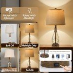 OYEARS 23" USB A+C Table Lamp Sets of 2 Modern Bedside Lamps Retro Farmhouse Rattan Glass Nightstand Nightlight Lamps for Bedroom Living Room Dorm,Two Light Points