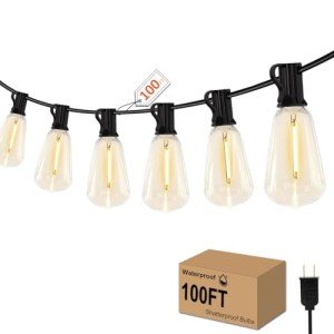 GHUSTAR 100FT LED Outdoor String Llights (NOT Solar) – Patio Lights Outdoor Waterproof for Outside – 2700K Vintage Edison Bulb String Lights Outdoor – Shatterproof Hanging Lights for Cafe Porch Deck