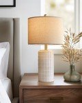 PoKat 23'' Bedside Table Lamp for Bedroom Nightstand - Ceramic Lamp for Living Room, White Night Stand Light Lamp with Round Linen Shade, Modern Bedroom Lamp Beige