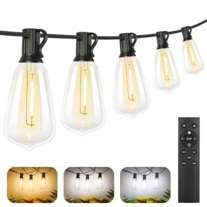 Brightever Dimmable Outdoor String Lights with Remote, 3 Colors in 1 LED Patio Lights for Outside with 25+1 ST38 Edison Bulbs, 50FT 3 Modes Gazebo Lights Waterproof for Camping Deck, 2700K/4000K/5000K