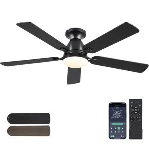 Ceiling Fans with Lights- 52" Low Profile Indoor Ceiling Fan with Light and Remote/APP Control, Flush Mount, LED Dimmable DC Reversible Modern Ceiling Fan for Bedroom(Black)
