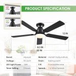 Ceiling Fans with Lights- 52" Low Profile Indoor Ceiling Fan with Light and Remote/APP Control, Flush Mount, LED Dimmable DC Reversible Modern Ceiling Fan for Bedroom（Black）