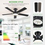 Ceiling Fans with Lights- 52" Low Profile Indoor Ceiling Fan with Light and Remote/APP Control, Flush Mount, LED Dimmable DC Reversible Modern Ceiling Fan for Bedroom（Black）