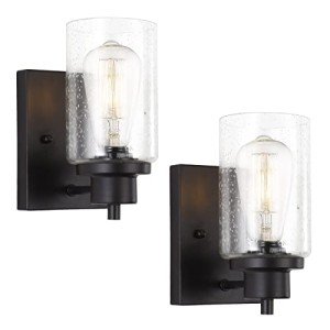 Eidonta 2-Pack Bath Vanity Light Fixtures Wall Sconces, Modern Indoor Bathroom Wall Lights with Seeded Glass, Black Wall Light Fixtures for Bedroom Mirror Kitchen Living Room Entryway Patio