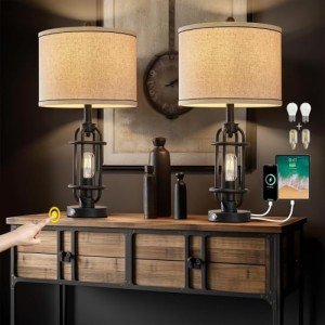 G-SAFAVA 23.75'' Industrial Black Metal Table Lamps Living Room Lamp for Nightstand Set of 2 Bedside End Lamp Home Decor Touch Lamp Modern Lamps with USB Port