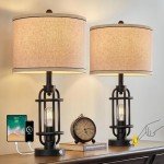 G-SAFAVA 23.75'' Industrial Black Metal Table Lamps Living Room Lamp for Nightstand Set of 2 Bedside End Lamp Home Decor Touch Lamp Modern Lamps with USB Port