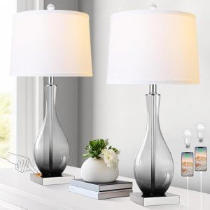 Table Lamps Set of 2 with Touch Control, 3-Way Dimmable Modern Glass table lamp for Living Room with USB C and A Charging Ports, 27" Bedside Desk Lamps for Nightstand Decorations(LED Bulbs Included)