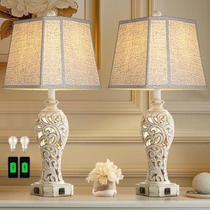 Reyokale Set of 2 Rustic Table Lamps for Living Room Bedroom, Farmhouse Vintage Nightstand Lamp with 2 USB Ports, Hollow Out Resin Lamp for End Table with Nightlight, Bulbs Included (Wash White)