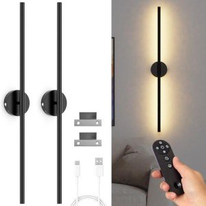 Battery Operated Wall Sconces Set of Two, 35 Inch Wireless LED Sconces Wall Lighting with Remote Control Dimmable, Rechargeable Wall Lights, Wall Lamp Indoor for Living Room Bedroom Hallway - Black