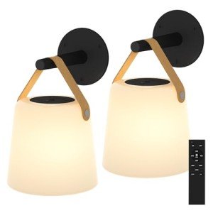 TACAHE Rechargeable Wall Sconce - Plastic Frosted Lampshade - 3 Color Temp & 5 Brightness - Remote Control - 5000 mAh Rechargeable Battery Operated - No Hardwired Required - Set of 2