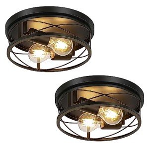 VIOLOEMI Farmhouse Lights,Black Industrial 2 Pack Round Metal Flush Mount Hallway & Bedroom Ceiling Lamp, Kitchen Round Lights (Bulbs Not Included)