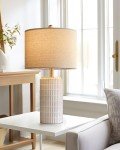 PoKat 23'' Bedside Table Lamp for Bedroom Nightstand - Ceramic Lamp for Living Room, White Night Stand Light Lamp with Round Linen Shade, Modern Bedroom Lamp Beige