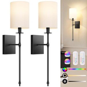 24.5 Inch Black Battery Operated Wall Sconces Set of 2, Rechargeable Wireless Wall Lights with Remote & White Fabric Shade, Indoor Not Hardwired Dimmable Wall Lamps For Bedroom, 2 Bulbs Included
