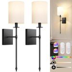 24.5 Inch Black Battery Operated Wall Sconces Set of 2, Rechargeable Wireless Wall Lights with Remote & White Fabric Shade, Indoor Not Hardwired Dimmable Wall Lamps For Bedroom, 2 Bulbs Included