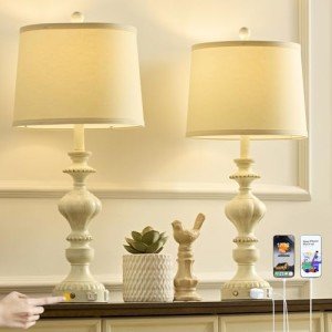SAIWEYA 27.5" Farmhouse Table Lamps Set of 2 Bedside Lamp with USB C+A Ports & AC Outlet, 3 Way Dimmable Touch Lamps for Living Room Bedroom Office Study Room Rustic Nightstand Traditional Lamp