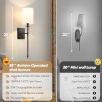 24.5 Inch Black Battery Operated Wall Sconces Set of 2, Rechargeable Wireless Wall Lights with Remote & White Fabric Shade, Indoor Not Hardwired Dimmable Wall Lamps For Bedroom, 2 Bulbs Included