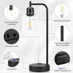 Industrial Touch Table Lamps for Bedrooms Set of 2 - 3-Way Dimmable Nightstand Lamps with USB C+A Ports and Outlet, Black Bedside Lamps with Glass Shade for Living Room, Desk Lamps for Home Office
