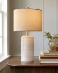 PoKat 23'' Bedside Table Lamp for Bedroom Nightstand - Ceramic Lamp for Living Room, White Night Stand Light Lamp with Round Linen Shade, Modern Bedroom Lamp Beige