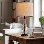 OYEARS 23" USB A+C Table Lamp for Bedroom Living Room Modern Bedside Lamps Retro Farmhouse Rattan Glass Nightstand Nightlight Lamps (Black),Two Light Points
