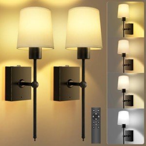 TOOWELL Battery Operated Wall Sconce Set of 2, Black Rechargeable Wall Lights with Remote, Wireless Wall Sconces Battery Powered Wall Lamp for Bedroom Living Room Hallway Bathroom
