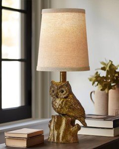 G-SAFAVA 14.25" Small Table Lamp for Living Room Farmhouse Bedside Resin Single Lamp with Gold Owl Lamp Shape for Bedroom Retro Rustic Nightstand Lamp