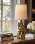 G-SAFAVA 14.25" Small Table Lamp for Living Room Farmhouse Bedside Resin Single Lamp with Gold Owl Lamp Shape for Bedroom Retro Rustic Nightstand Lamp