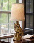 G-SAFAVA 14.25" Small Table Lamp for Living Room Farmhouse Bedside Resin Single Lamp with Gold Owl Lamp Shape for Bedroom Retro Rustic Nightstand Lamp