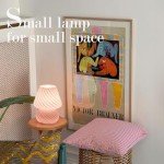 ONEWISH Mushroom Lamp-Small Bedside Table Lamp with Striped Glass, Nightstand Lamp for Bedroom, Living Room, Cafe, Bulb Included, Home Decor for Girls Women, Pink