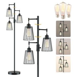 COFF Industrial Floor Lamp, 3 x 1200LM Edison LED Bulbs Included, Bright 3-Light Dimmable Floor Lamp, Farmhouse Tall Standing Lamp for Living Room, Bedroom Office Rustic Home Decor (Matte Black)