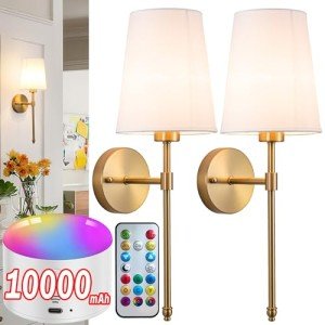 YHCDLAMP Battery Operated Wall Sconce Set of 2, Rechargeable Wall Sconce with 10000mAh Bulb and Remote Control, Up to 50 Hrs Use, RGB Dimmable Wireless Wall Lights for Living Room Bedroom Hallway