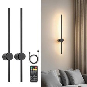 Pasoar Battery Operated Wall Sconce Set of Two, USB Rechargeable LED Wall Lights with Remote Control, Dimmable Cordless Wall Lamp Indoor, 360° Rotation for Living Room, Bedroom, Black 23.6 Inches