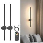 Pasoar Battery Operated Wall Sconce Set of Two, USB Rechargeable LED Wall Lights with Remote Control, Dimmable Cordless Wall Lamp Indoor, 360° Rotation for Living Room, Bedroom, Black 23.6 Inches