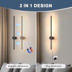 Pasoar Battery Operated Wall Sconce Set of Two, USB Rechargeable LED Wall Lights with Remote Control, Dimmable Cordless Wall Lamp Indoor, 360° Rotation for Living Room, Bedroom, Black 23.6 Inches