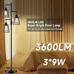 COFF Industrial Floor Lamp, 3 x 1200LM Edison LED Bulbs Included, Bright 3-Light Dimmable Floor Lamp, Farmhouse Tall Standing Lamp for Living Room, Bedroom Office Rustic Home Decor (Matte Black)