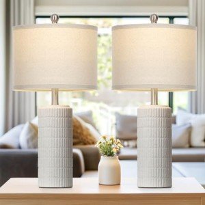 Cinyirong 23.5'' Ceramic Lamp for Living Room-Farmhouse Table Lamp for Bedroom Nightstand, White Night Stand Light Lamp with Linen Shade, Modern Bedroom Lamp Frosted White(2 Bulbs Included)