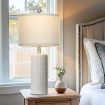 Cinyirong 23.5'' Ceramic Lamp for Living Room-Farmhouse Table Lamp for Bedroom Nightstand, White Night Stand Light Lamp with Linen Shade, Modern Bedroom Lamp Frosted White(2 Bulbs Included)