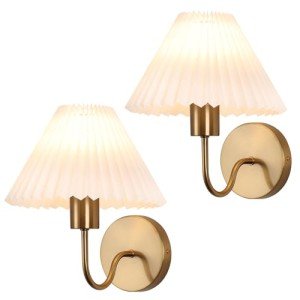 Brushed Gold Wall Sconces Sets of 2, White Pleated Fabric lampshade, Indoor Gooseneck Wall Lamp Lighting, Bathroom Dresser Hardwired sconces wall decor Fixture for Living Room Bedroom Dining Room