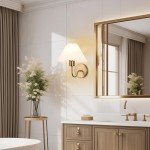 Brushed Gold Wall Sconces Sets of 2, White Pleated Fabric lampshade, Indoor Gooseneck Wall Lamp Lighting, Bathroom Dresser Hardwired sconces wall decor Fixture for Living Room Bedroom Dining Room