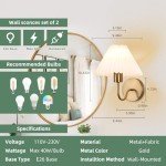 Brushed Gold Wall Sconces Sets of 2, White Pleated Fabric lampshade, Indoor Gooseneck Wall Lamp Lighting, Bathroom Dresser Hardwired sconces wall decor Fixture for Living Room Bedroom Dining Room