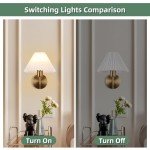Brushed Gold Wall Sconces Sets of 2, White Pleated Fabric lampshade, Indoor Gooseneck Wall Lamp Lighting, Bathroom Dresser Hardwired sconces wall decor Fixture for Living Room Bedroom Dining Room